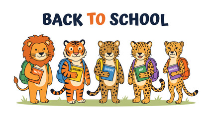 Back to School Animals: Adorable anthropomorphic lion, tiger, leopard, and cheetah characters, each with a backpack and books. © Jannat