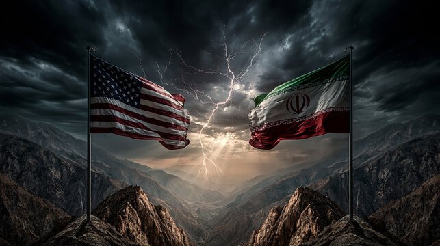 Tension on the Peak: Two national flags, the United States and Iran, stand in opposition atop rocky peaks against a dramatic backdrop of stormy skies and lightning.