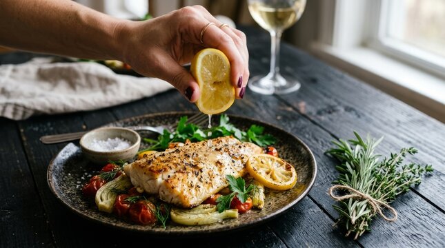 A woman's hand squeezing a lemon to season grilled fish, served with vegetables and fresh herbs.
