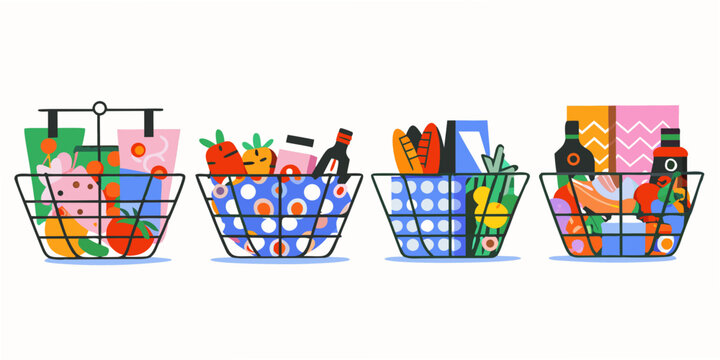 Wire shopping baskets filled with groceries colorful vector illustration