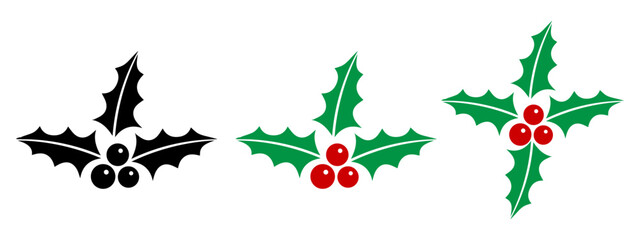 Christmas holly berry leaves icon vector Set. PNG. Editable stroke. holly berries border pattern.. © Newton