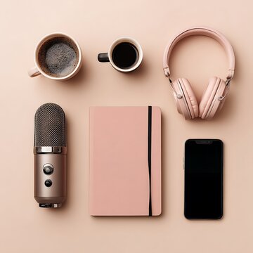 Minimalist podcast setup with coffee and notebook.