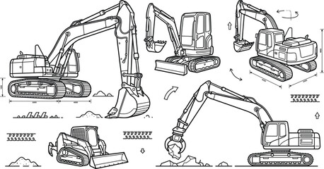 Heavy Excavator And Skid Steer Loader Vector Set With Construction Machinery Outline Symbols, © PJ DeSign