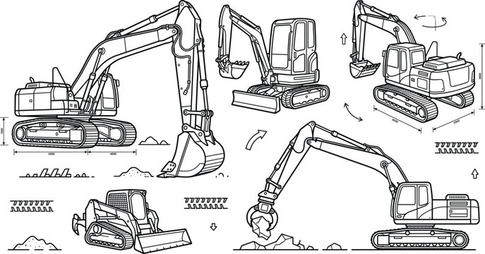 Heavy Excavator And Skid Steer Loader Vector Set With Construction Machinery Outline Symbols,