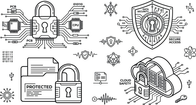 Cyber Security Shield and Cloud Safety Icon Set with Padlocks for Data Protection,