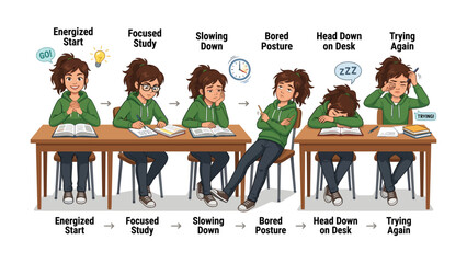 Study Struggle: A visual representation of a student's fluctuating engagement with their studies, moving from an energized start through focused study, slowing down, bored posture, head down on desk. © azizunnahar