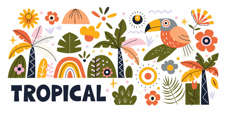 Tropical floral ornament with parrots and palm leaves vector illustration