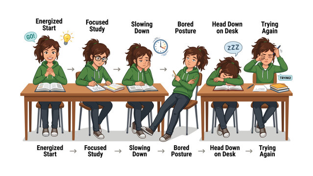 Study Struggle: A visual representation of a student's fluctuating engagement with their studies, moving from an energized start through focused study, slowing down, bored posture, head down on desk.