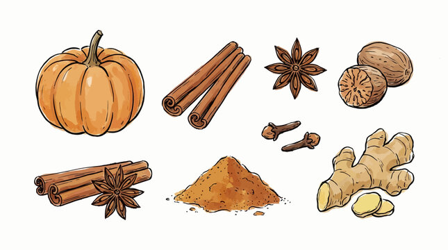 A still life illustration of various spices and a pumpkin on a table indoors