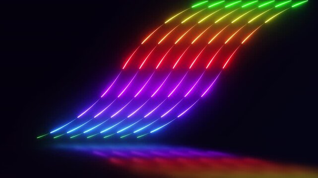 Abstract flowing neon rainbow light wave on black background. Seamless looping animation. 4K footage