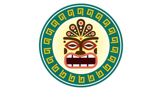 A circular emblem badge featuring a fierce Tiki mask surrounded by a teal Greek key border pattern on a white panel
