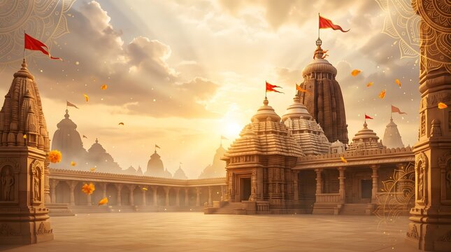 Ancient hindu temple architecture with golden sunset glow