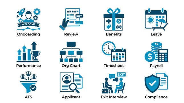 HR Icons Set: Onboarding, Review, Benefits, Leave, Performance, Org Chart, Timesheet, Payroll, ATS, Applicant, Exit Interview, Compliance
