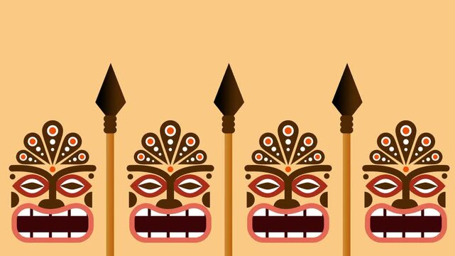 A lineup of four fierce Tiki masks each topped with a spear standing together on a peach colored background panel