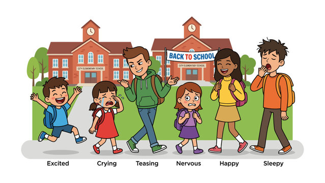 Back to School Emotions: A lively group of diverse children express a range of emotions as they return to school, from joyful excitement to sleepy reluctance.