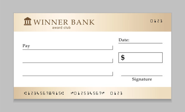 Bank check template design vector, Winner bank check certificate for prize giveaway. Charity donation cheque: Custom foamboard sign. Modern gift cheque layout, Financial document