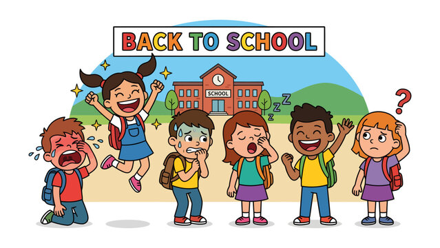 Back to School Emotions: A diverse group of cartoon children express a spectrum of emotions - joy, fear, sadness, excitement, and confusion - on their first day back to school.