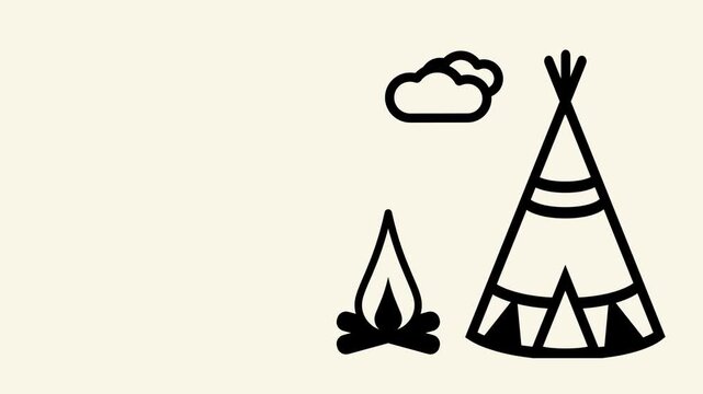 A simple black outline drawing showing a campfire teepee tent and clouds illustrating a tribal camping scene on cream background