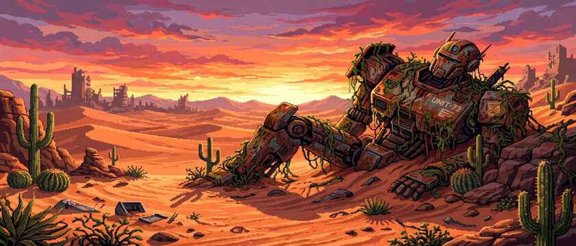 Pixel Art Abandoned Giant Mech in Post Apocalyptic Desert Landscape at Sunset