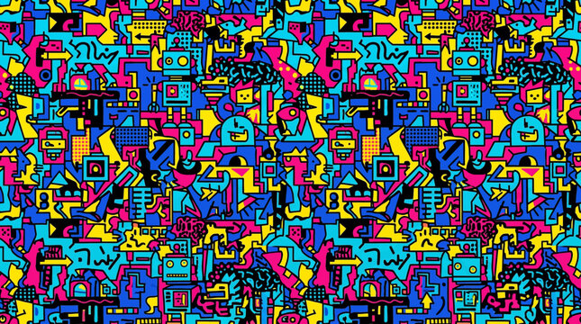 Colorful retro pop art doodle seamless pattern with robots and faces