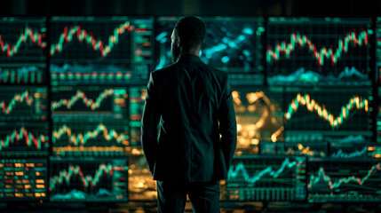 Obraz premium Stock Market Trader Analyzing Trends: A lone figure stands in a dimly lit room, gazing at multiple screens displaying complex stock market graphs and charts.