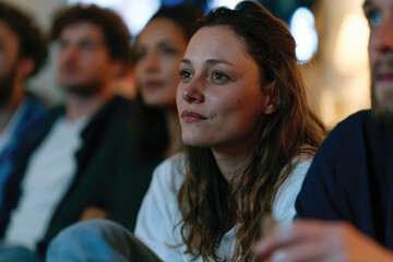 Fototapeta premium A pensive woman watches intently with a group of friends, showcasing the essence of shared moments and appreciation for collective experiences in a cozy setting.