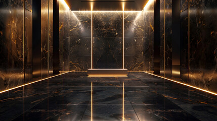 Naklejka premium Black Marble Luxury Interior with Gold Veins and Vertical LED Neon Lights Podium Background