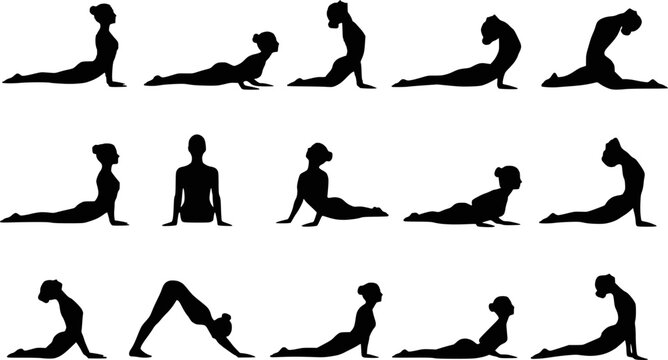 Yoga cobra sphinx upward dog floor backbend woman silhouettes vector set isolated