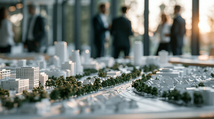 Fototapeta premium Urban Planning Blueprint: A detailed architectural model of a city skyline, featuring miniature buildings and greenery.
