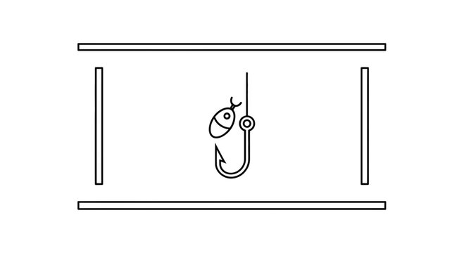 Fishing hook with bait fish icon, minimalist line art, concept of fishing and bait