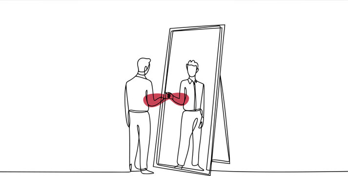 Man looking in mirror with red highlight on hands shaking reflection 