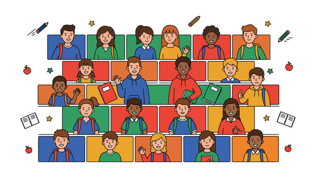 Classroom Connection: A vibrant mosaic of young students, from diverse backgrounds, engage in a collaborative online learning environment. Their faces, framed within colorful virtual spaces.