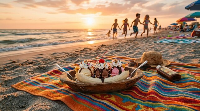 Family enjoying a sunset on the beach with a banana split dessert in the foreground.