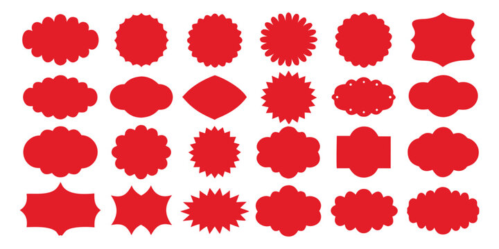 Red fluffy cloud label shapes set, squishy speech bubbles, wavy sticker badges. vector illustration
