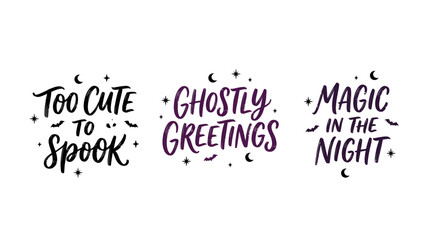 A spooky nighttime scene with magical ghostly greetings and cute illustrations © Avra