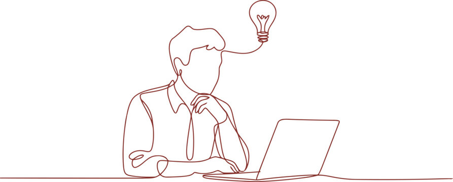 Man thinking with lightbulb above head while using laptop computer one line