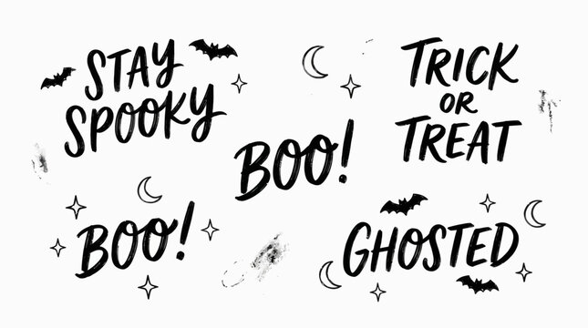 A spooky Halloween-themed illustration features ghostly text and bats in the night.