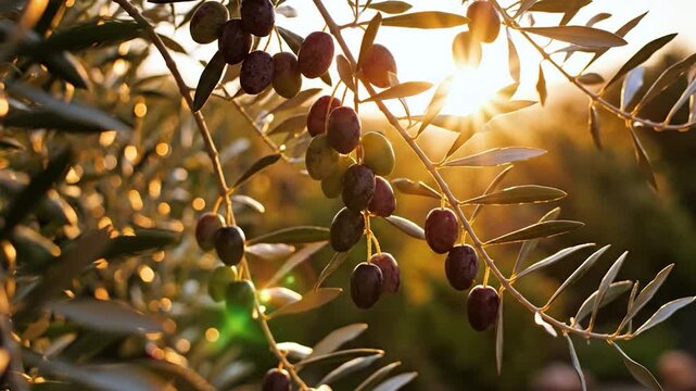 Ripe black olives hang on a branch during a golden sunset