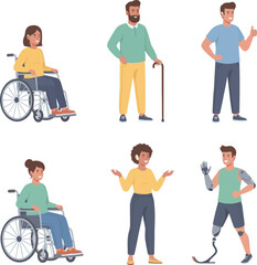 Fototapeta premium Diverse People with Disabilities Set, Inclusive Characters with Prosthetics, Wheelchair and Cane
