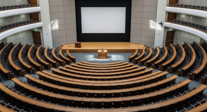 An empty parliamentary chamber with curved seating and a podium