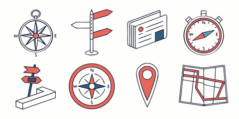 Set of travel and navigation icons featuring compasses and maps navigation location direction signpost destination adventure waypoint orientation vacation collection traveling position © boi