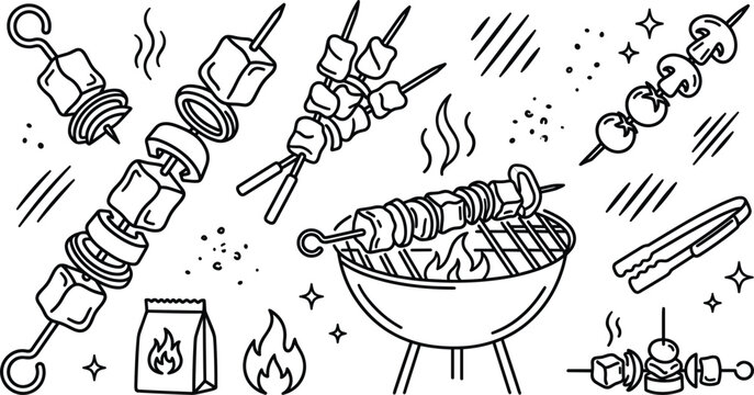 Barbecue grill and shish kebab skewer vector outline illustration set with charcoal tongs and meat vegetable line elements