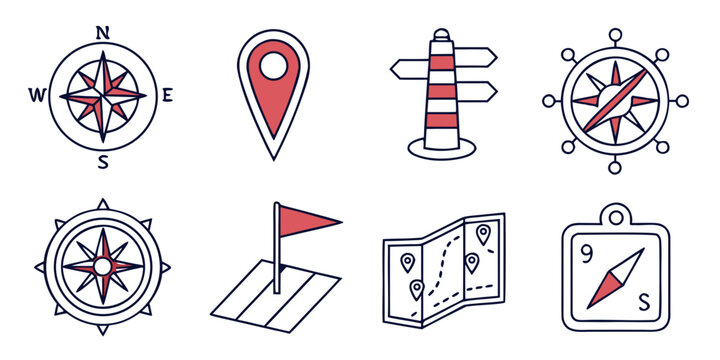 Collection of navigational instruments and travel icons including compasses map markers and location signs in simple outline style with location navigation direction orientation illustration