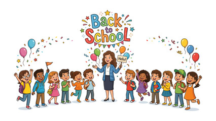 Back to School Celebration: A cheerful teacher stands with a group of excited diverse children, celebrating the start of the school year with balloons and colorful decorations. © Azizun