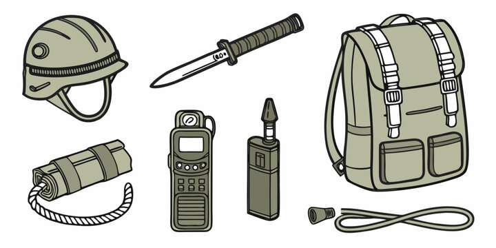 Tactical and outdoor survival equipment set including helmet knife backpack communication device rope and gear bag with survival kit protection gear hard hat radio transceiver heavy duty tactical