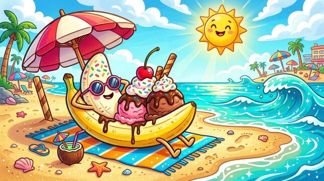 Cute cartoon banana split ice cream on beach under umbrella with sun and ocean waves.