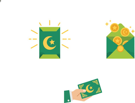 Islamic Green Envelopes and Gold Coins for Eid al-Fitr Zakat and Eidi Gift Giving