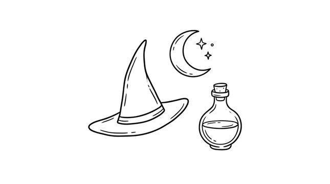 A mystical witch's hat and potion bottle under a crescent moon scene
