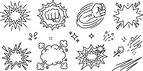 Comic book explosion bubble and punch fist vector outline illustration set with retro action speed line design elements © Hafizul