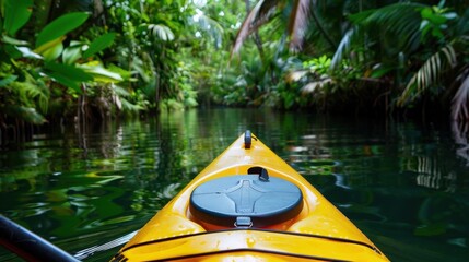 Fototapeta premium Serene Kayak Adventure on Tranquil Waterway Surrounded by Lush Green Foliage in Nature's Paradise